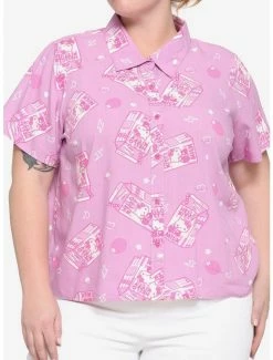 New 🛒 Hello Kitty Strawberry Milk 👧 Girls Woven Button-Up Plus Size ⭐