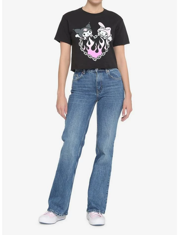 New 🤩 My Melody & Kuromi Flame Heart 👧 Girls Crop T-Shirt 🛒 2 New 🤩 My Melody & Kuromi Flame Heart 👧 Girls Crop T-Shirt 🛒 - Image 2