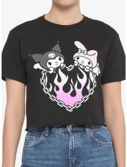 New 🤩 My Melody & Kuromi Flame Heart 👧 Girls Crop T-Shirt 🛒