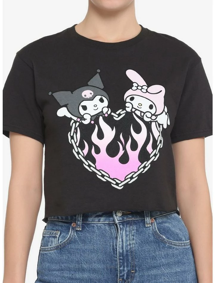 New 🤩 My Melody & Kuromi Flame Heart 👧 Girls Crop T-Shirt 🛒 1 New 🤩 My Melody & Kuromi Flame Heart 👧 Girls Crop T-Shirt 🛒